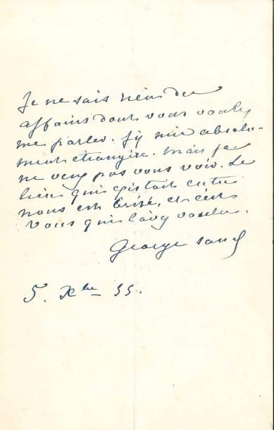 null George SAND. L.A.S., 5 décembre 1855, [à Jean-Baptiste Clésinger] ; ¾ page in-8.
...