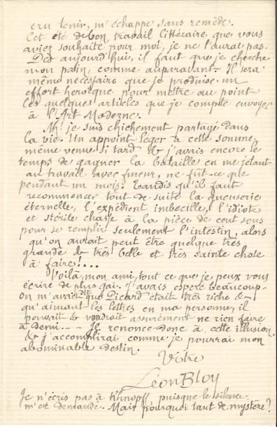 null Léon BLOY (1846-1917). L.A.S., Paris 6 juillet 1889, à un ami ; 2 pages in-8.
...