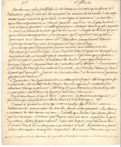 null VOLTAIRE (1694-1778). Minute de lettre de la main de son secrétaire Jean-Louis...