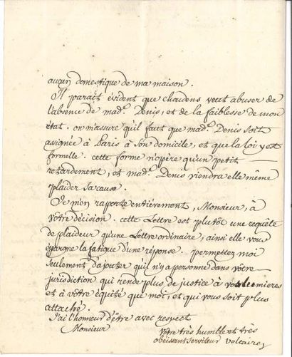 null VOLTAIRE. L.S. « Voltaire », Ferney 9 juillet 1769, [à Marc Duval, lieutenant...