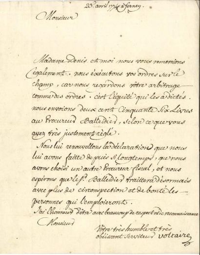 null VOLTAIRE. 4 L.S. « Voltaire », Ferney mars-avril 1774, [à Marc Duval, lieutenant...