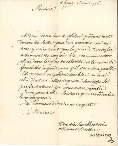 null VOLTAIRE. L.S. « Voltaire », Ferney 5 avril 1776, [à Marc Duval, lieutenant...