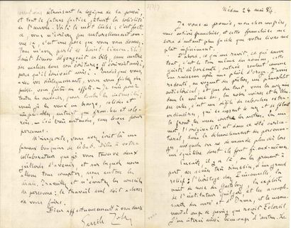 null Émile ZOLA. L.A.S., Médan 24 mai 1884, à un confrère [Louis Desprez] ; 4 pages...