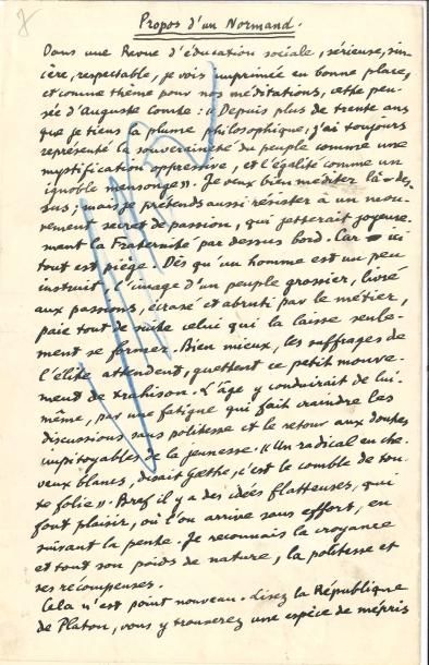 null Émile Chartier dit ALAIN. Manuscrit autographe signé, Propos d’un Normand, [1912] ;...