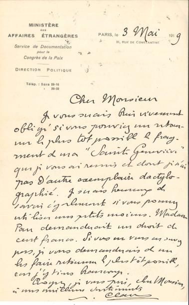 null Paul CLAUDEL. 2 L.A.S., Paris 1919 et s.d. ; 1 page in-8 à en-tête Ministère...