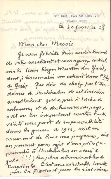 null Paul CLAUDEL. 2 L.A.S., Paris janvier-avril 1938, à Henri Massis ; 1 page et...