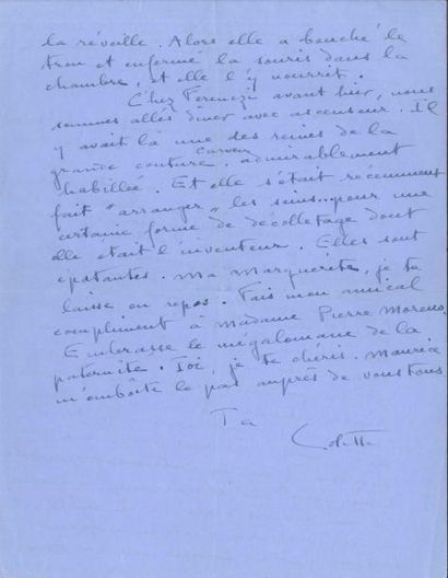 null COLETTE. L.A.S., [Paris 7 juin 1948], à Marguerite Moreno à Touzac (Lot) ; 4...
