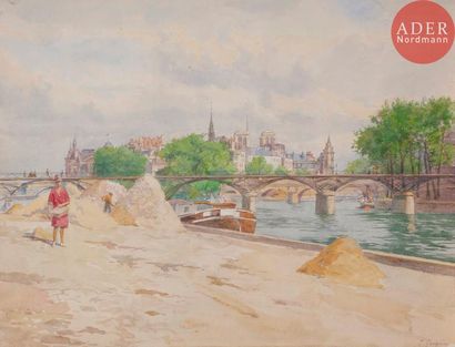 null Paul GRÉGOIRE (1915-1988)Bord de Seine, vue de l'Ile de la CitéAquarelle.Signée...