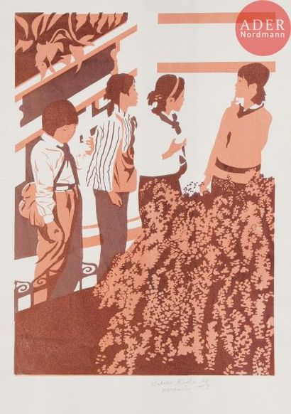 null Nadine RODA-GIL (XXe siècle)Rencontre à l’école, 19834 linogravures.Signées...