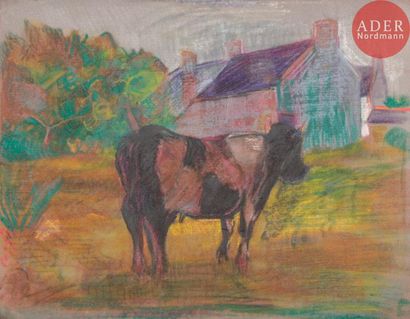 null Farid AOUAD [libanais] (1924-1982)Vache devant la fermePastel sur papier velours.Non...