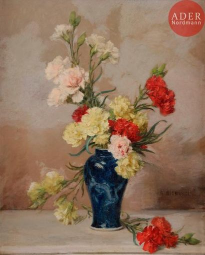 null Gustave BIENVETU (act.c.1875-c.1914)Vase de fleursHuile sur toile.Signée vers...