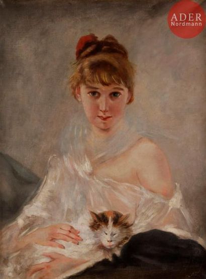 null Charles CHAPLIN (1825-1891)Jeune fille au chatHuile sur toile.Signée en bas...