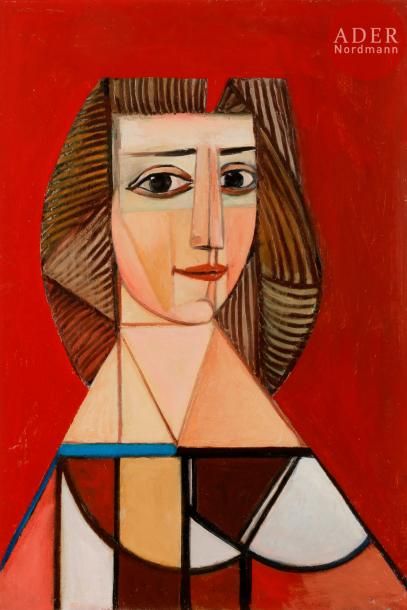 Georges-Henri PESCADÈRE (1915-2003) 
Femme au fond rouge, 2001
Huile sur panneau.
Monogrammée...