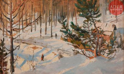 Vladimir Petrovitch TOMILOVSKY (1901-1990) 
Ferme dans un paysage de neige, 1955
Huile...