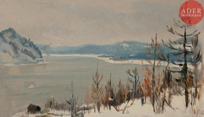 Vladimir Petrovitch TOMILOVSKY (1901-1990) 
Lac Baïkal en hiver, 1956
Huile sur carton.
Timbrée...