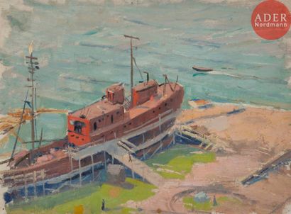 Vladimir Petrovitch TOMILOVSKY (1901-1990) 
Docks sur le Baïkal
Huile sur carton.
Timbrée...