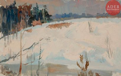 Vladimir Petrovitch TOMILOVSKY (1901-1990) 
Butte enneigée
Huile sur carton.
Timbrée...
