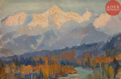 Vladimir Petrovitch TOMILOVSKY (1901-1990) 
Monts Baïkal enneigés
Huile sur carton.
Timbrée...