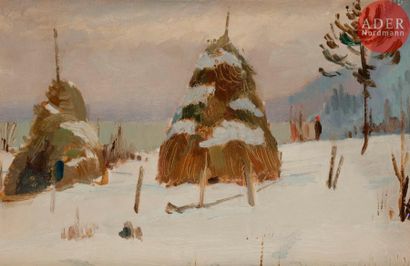 Vladimir Petrovitch TOMILOVSKY (1901-1990) 
Huttes sous la neige
Huile sur carton.
Timbrée...