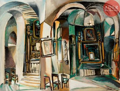 Georges-Henri PESCADÈRE (1915-2003) 
Intérieur d’église, 1961
Huile sur toile.
Signée...