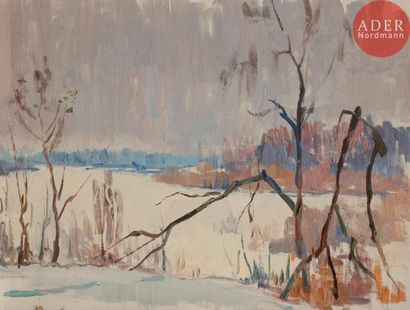Vladimir Petrovitch TOMILOVSKY (1901-1990) 
Paysage de neige
Huile sur carton.
Timbrée...