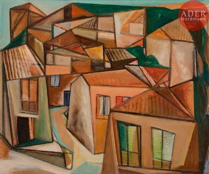 Georges-Henri PESCADÈRE (1915-2003) 
Le Village, 1977
Huile sur panneau.
Monogrammée...