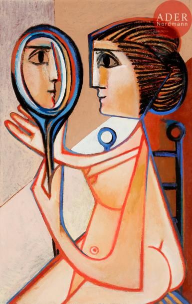 Georges-Henri PESCADÈRE (1915-2003) 
Femme en buste au miroir, 1990
Huile sur panneau.
Monogrammée,...