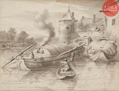null École HOLLANDAISE du XVIIIe siècle
Paysages fluviaux animés
Plume et encre brune,...