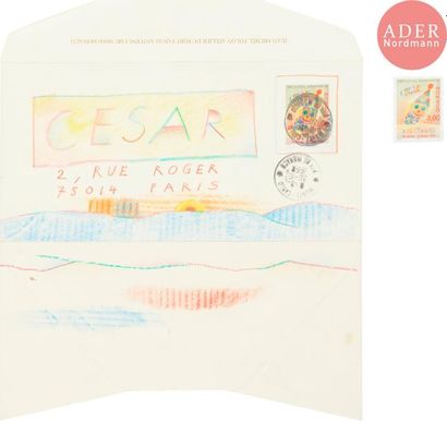 null Jean-Michel FOLON (1934-2005)
César
Crayons de couleurs sur enveloppe, avec...