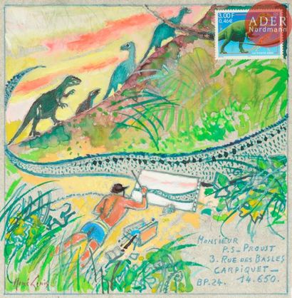 null René GENIS (1922-2004)
Les dinosaures
Gouache sur enveloppe.
Signée et adressée.
18...