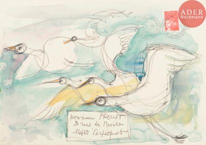  Michel JOUENNE (né en 1933) Les oiseaux Aquarelle et encre sur enveloppe. Adressée....