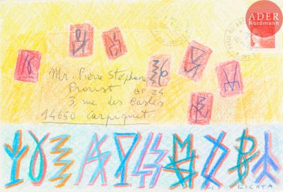  Riccardo LICATA (1929-2014) Geste écrit, 2001 Crayons de couleurs sur enveloppe....