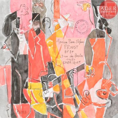  Pierre LOEB (né en 1934) Musiciens afghans et flamenco 2 aquarelles sur enveloppes....