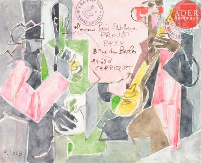  Pierre LOEB (né en 1934) Musiciens afghans et flamenco 2 aquarelles sur enveloppes....