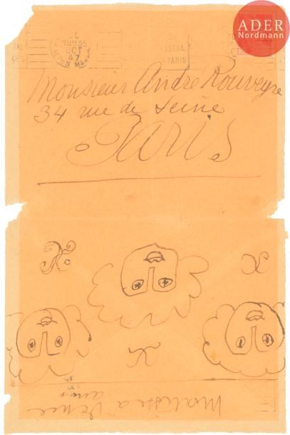  Henri MATISSE (1869-1954) 3 visages de femme, 1947 Encre sur enveloppe. Adressée...
