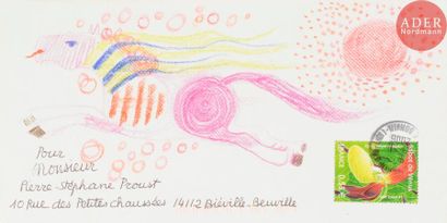 null Fréderic MENGUY (1927-2007)
Cheval
Crayons de couleurs sur enveloppe.
Adressée.
11...