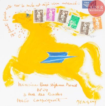  Fréderic MENGUY (1927-2007) Cheval Huile sur enveloppe. Signée et adressée. Joint:...