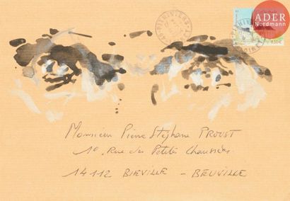  Jean ANGUERA (né en 1953) Composition au timbre déchiré Encre et collage sur enveloppe....