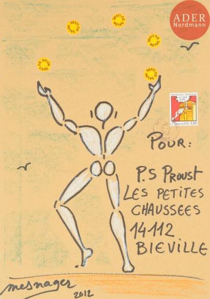 null Jérôme MESNAGER (né en 1961)
Le jongleur, 2012
Feutre noir et pastel sur enveloppe.
signée,...