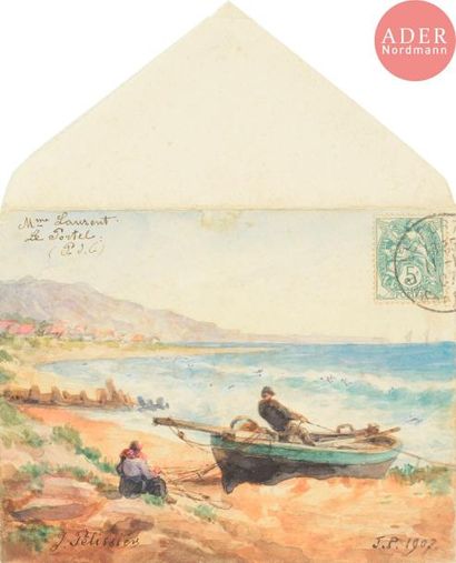 null J. PELISSIER
Le retour de la barque, 1907
Aquarelle sur enveloppe.
Signée, datée...