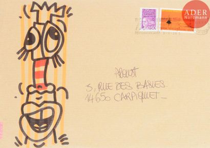  Jack ARNOULD (né en 1966) Serpents affrontés Acrylique sur enveloppe. Adressée au...