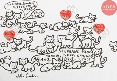 null Alex SANDERS (né en 1964)
farandole des chats.
Encre sur enveloppe.
Signée et...