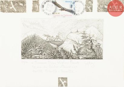 null Brigitte SOLBERG
Paysage fantastique avec animaux
Eau-forte et collage sur enveloppe.
Adressée...