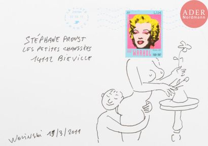 null Georges WOLINSKI (1934-2015)
Le câlin, 2011
Feutre sur enveloppe.
Signée, datée,...
