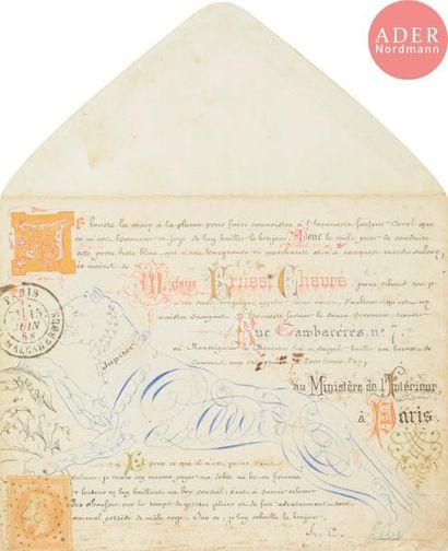  ECOLE FRANCAISE DU XIXE SIECLE Le félin Jupiter, calligraphie, 1868 Encres de couleurs...