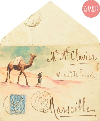  ECOLE FRANCAISE DE LA FIN DU XIXE SIECLE Chamelier, 1892 Aquarelle sur enveloppe....