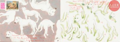 Henri CUECO (1929-2017) Quelques chiens Aquarelle...