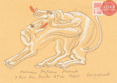 null Henri CUECO (1929-2017)
2 chiens.
Crayon et gouache sur enveloppe avec timbre...