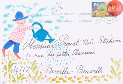 null Jacqueline DUHEME (née en 1927)
L'arroseur
Aquarelle et encre sur enveloppe...