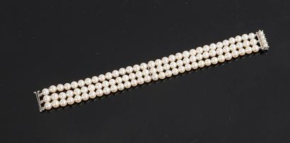 null Bracelet de 3 rangs de perles de culture, fermoir en or gris 14K (585 ‰). Longueur...